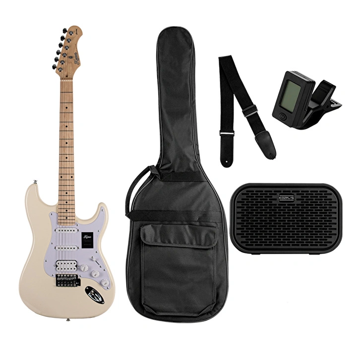 KOZMOS KGP-STG20HSS-OWH Beyaz Elektro Gitar + UNIQUE-MINI-BK 10W Amfi Başlangıç Paketi