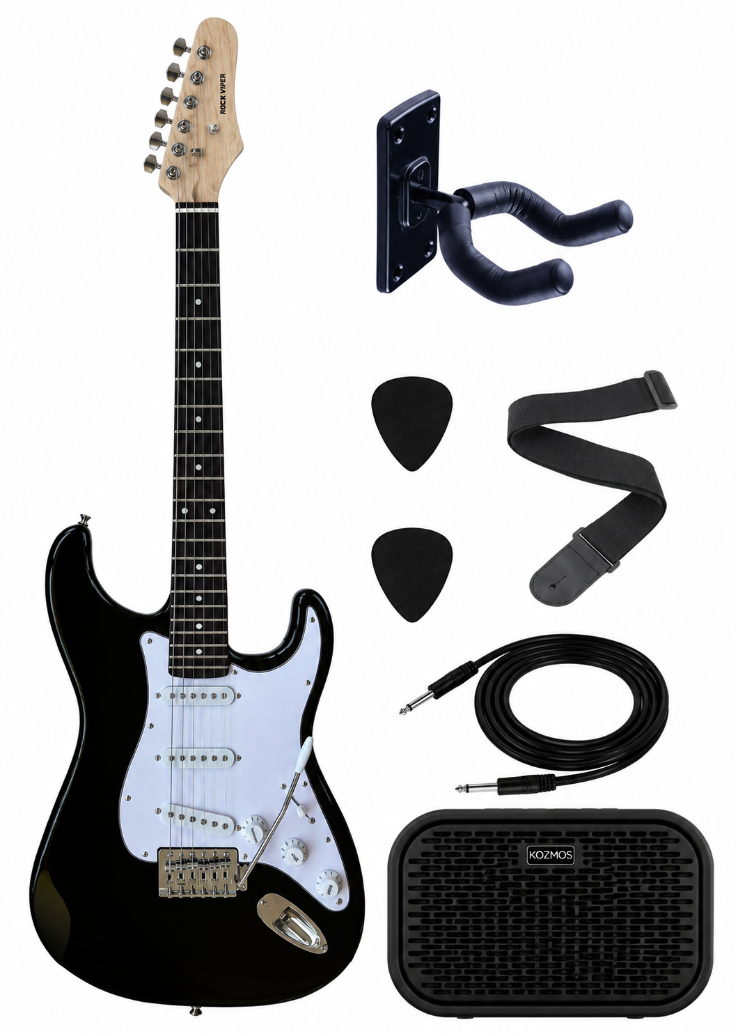 Rock Viper SSS Siyah Elektro Gitar Kozmos Amfi Başlangıç Paketi