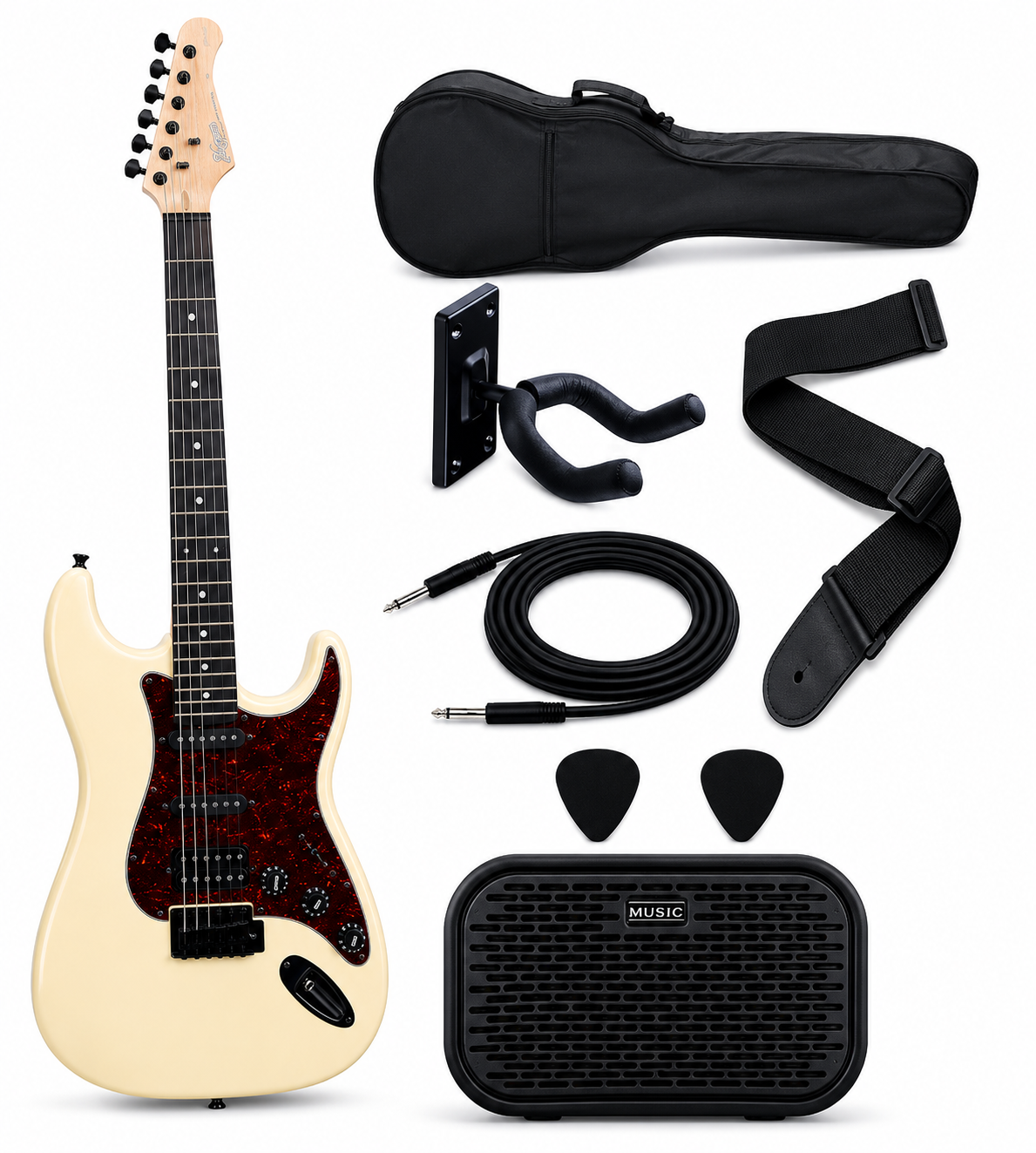 KOZMOS KST-205HSS-MSL Olympic White Elektro Gitar Seti – KOZMOS NOVA-MINI Amfili