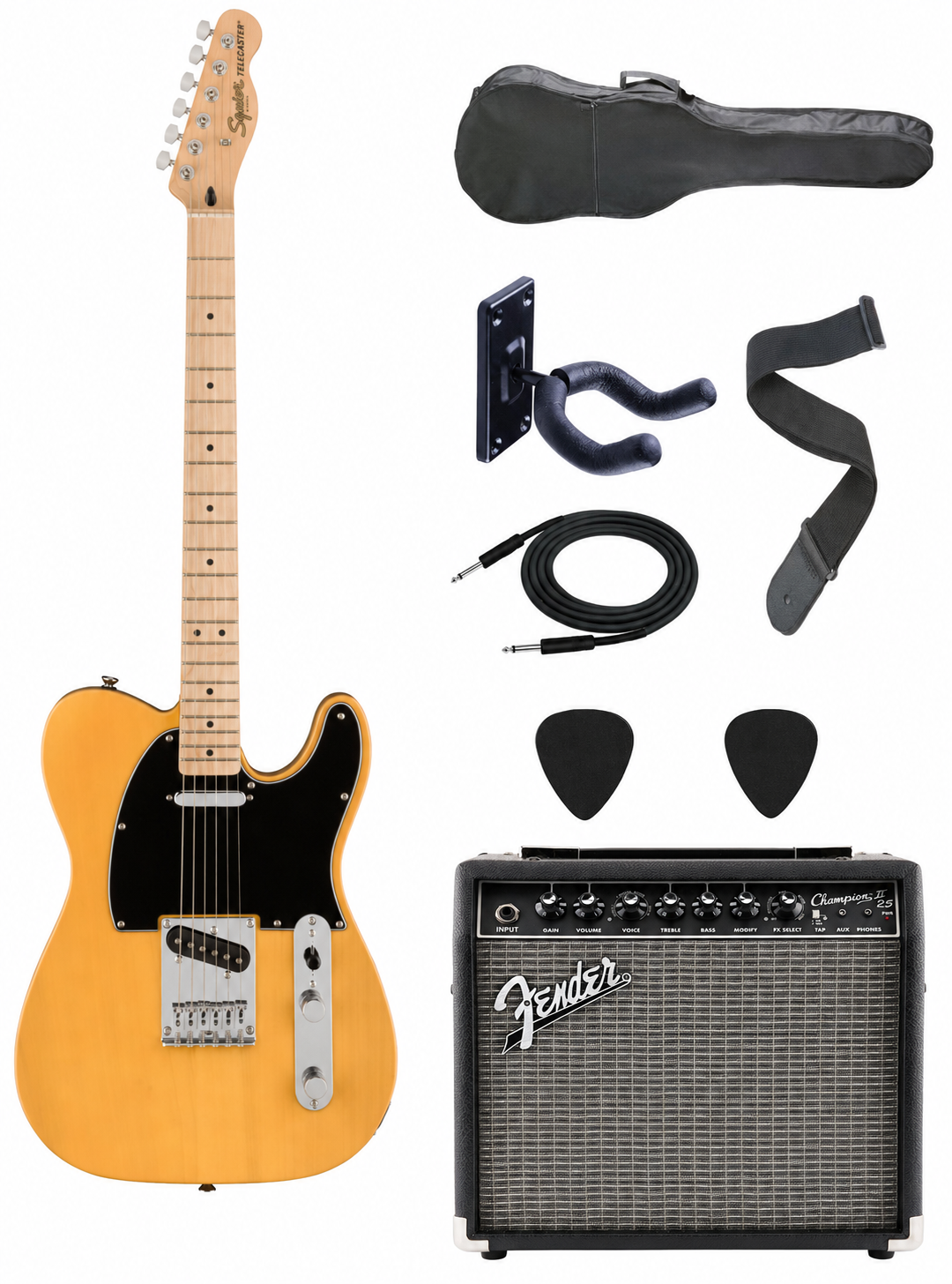 Squier Affinity Telecaster Akçaağaç Klavye Butterscotch Blonde Elektro Gitar Champion II 25  Amfi Set